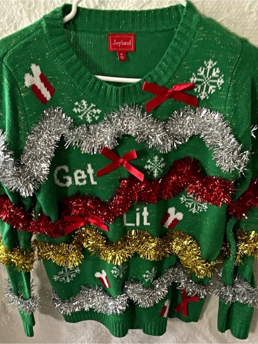 Joyland Women’s Ugly Christmas Sweater Get Lit Tinsel Garland Green Medium M